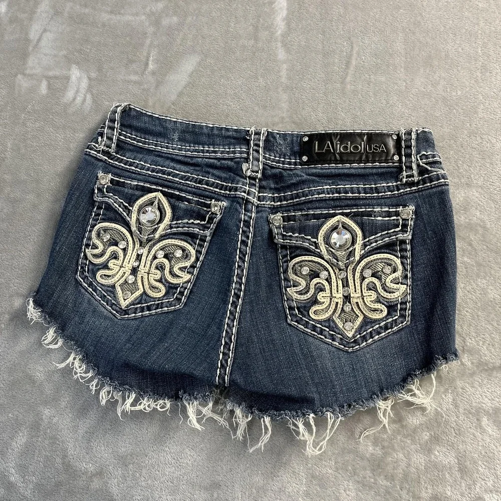 LA Idol USA Shorts Juniors 7 Blue Denim Cutoff Distressed Studded Rhinestone Y2K